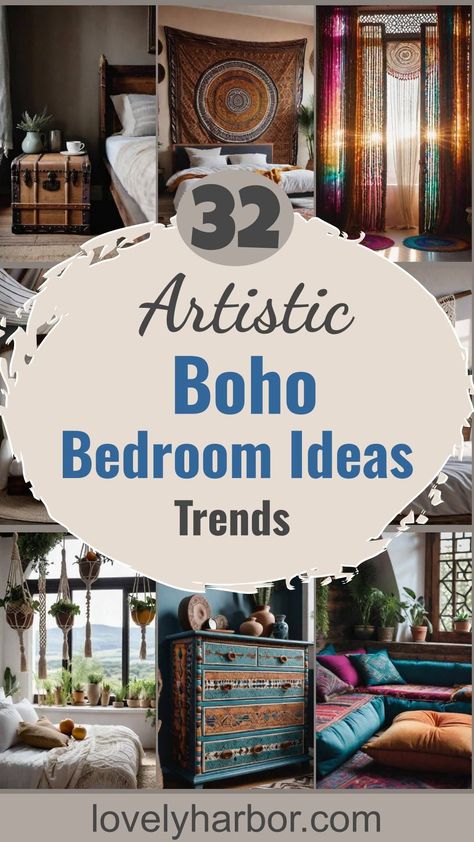 Discover artistic boho bedroom ideas for a serene sanctuaryImmerse yourself in a world where creativity meets comfortblending vibrant textures with earthy tones for a space that breathes uniquenessGet inspired by these 32 boho bedroom designsStart transforming your space nowBohoBedroom HomeDecor InteriorDesign Diy, Boho, Ideas, Decoration, Boho Bedroom Decor, Boho Bedroom Furniture, Boho Bedroom Design, Boho Purple Bedroom, Hippy Bedroom
