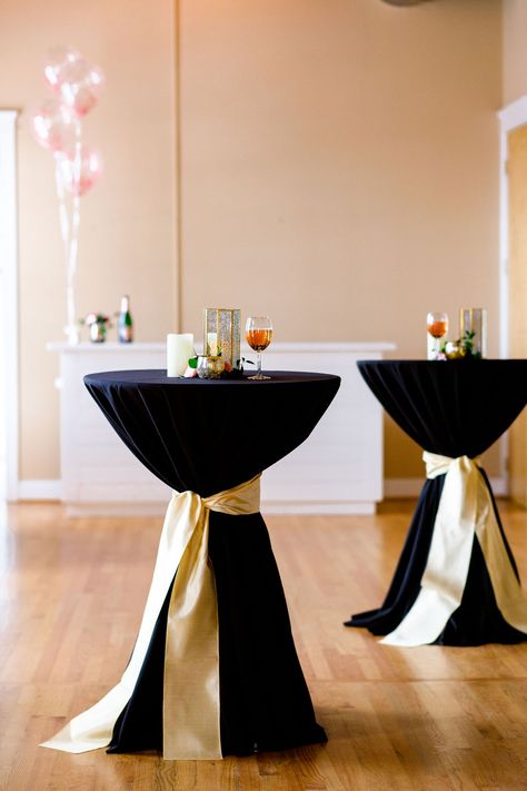 cocktail tables black tablecloths gold ties corporate event decor Inspiration, Decoration, Corporate Party Ideas, Corporate Party Decorations, Corporate Event Centerpieces, Corporate Holiday Party Decorations, Corporate Holiday Party Themes, Office Opening Party, Office Party Decorations