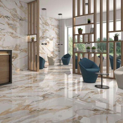Arezzo Gold marble effect porcelain tiles.A unique and very elegant tile with a wonderful polished finish and very distinctive gold veining on a white background.  This timeless and distinctive tile is ideal for bathrooms and floors and is available in a range of sizes.Consider 1200 x 600mm on the wall and 600m x 600mm on the floor in a bathroom.  If you want to create the “WOW “factor this tile should be seriously considered,a tiled floor is simply stunning. Interior, House Design, Design, Elegant, Modern, Dekorasi Rumah, Ev Düzenleme Fikirleri, House, Elegant Tiles