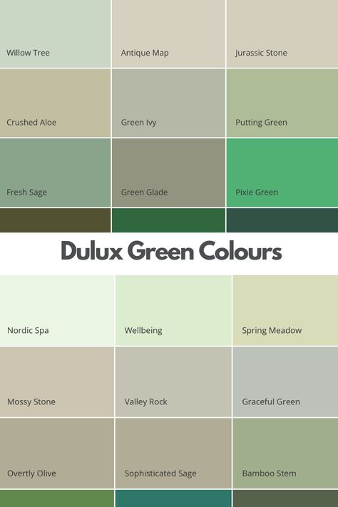 Dulux green colours, this image shows over 25 different green paint colours by Dulux ranging from light sage green to shades to more defining dark green colours. Studio, Design, Decoration, Home Décor, Sage Green Hallway, Dulux Green Paint, Dulux Colour Schemes, Dulux Green, Green Color Chart