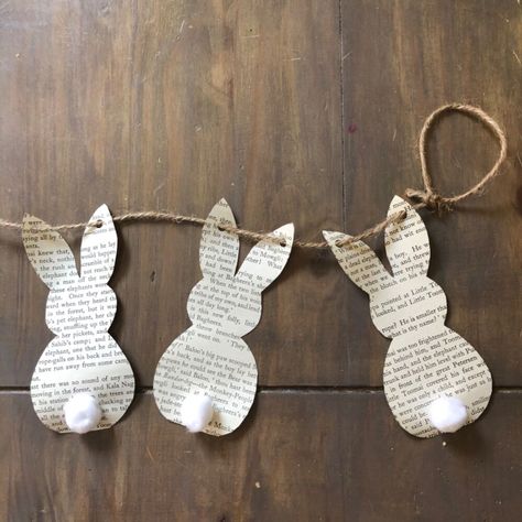 I saw this cute bunny garland idea on Pinterest and made a few to add to my Spring/Easter decor. It was so quick and easy to make and can be hung anywhere to add extra detail to spring displays! 🐰 Find an old book I got a book from a charity store to tear out pages to use. It’s worth bearing in mind the type of book you pick to ensure that content is appropriate to hang in the house! Create a stencil I printed a stencil and traced the outline on the book pages. I just found one onl… Diy, Easter Crafts, Diy Easter Decorations, Easter Decorations Diy Easy, Easter Egg Decorating, Easter Decorations Vintage, Easy Easter Decorations, Easter Diy, Easter Decorations
