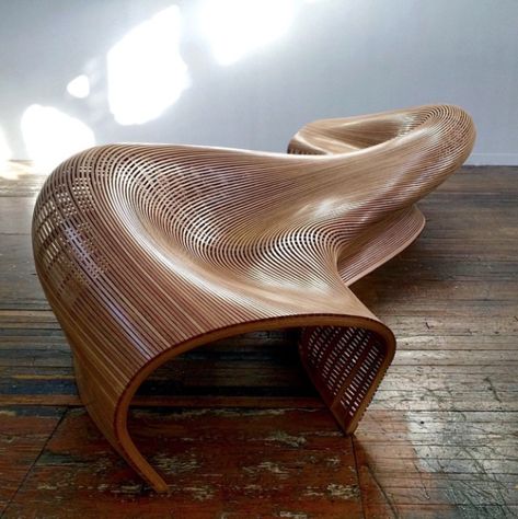 Woodworker Matthias Pliessnig first uncovered the steam-bending technique when tasked with designing a boat. Pictured is his Sinuo 5m bench.  Instagram Account of the Day: Curved Wood Furniture Made in America by Allie Weiss Chairs, Furniture Design, Modern Furniture, Chair Design, Furniture Making, Wooden Furniture, Furniture Inspiration, Contemporary Furniture, Wood Furniture Design