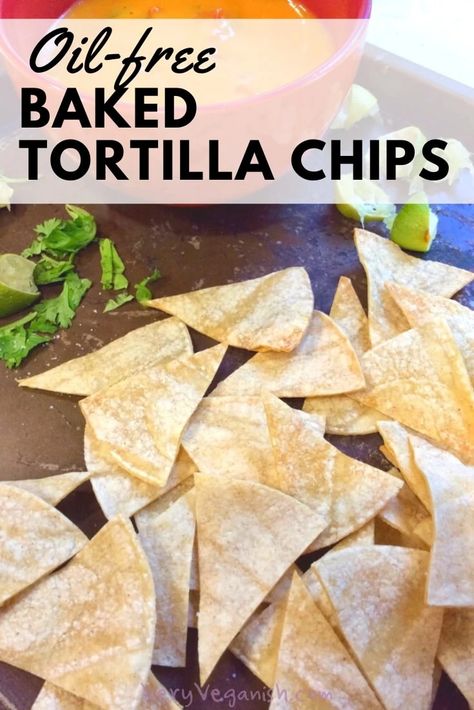 1-ingredient recipe for fat-free baked tortilla chips with no oil. Ready in 20 minutes! Baked corn chips are super crunchy, low calorie, oil-free and great for game day, super bowl parties, chips and dip, queso, salsa, guacamole or just snacking. Gluten-free, vegan, and plant-based healthy tortilla chips! #wfpbno #texmex Healthy Recipes, Healthy Tortilla Chips, Homemade Tortilla Chips, Healthy Chips, Gluten Free Tortillas, Homemade Chips, Baked Tortilla Chips, Chips Recipe, Healthy Tortilla
