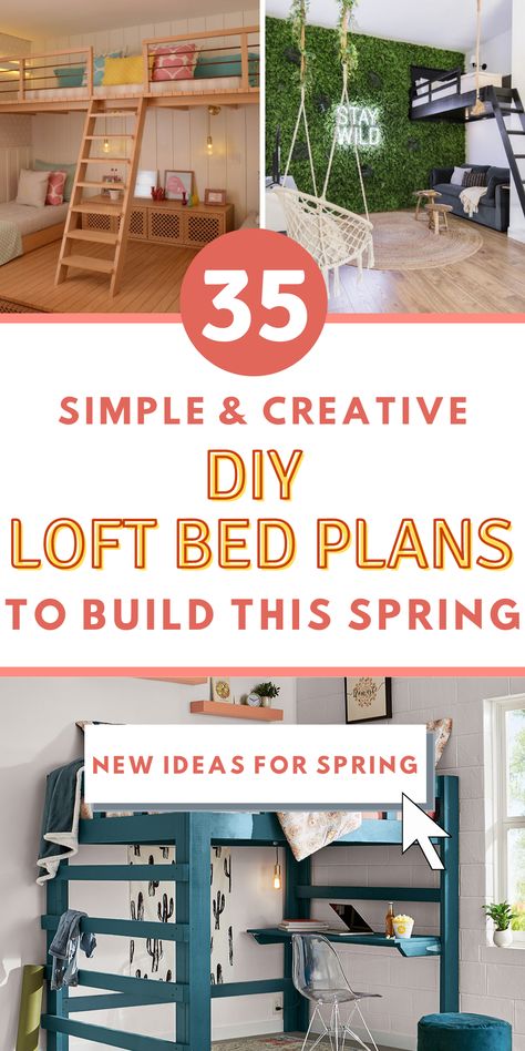 Want to create a cozy and functional space in your small room? Consider building a loft bed! With our simple DIY loft bed plans, you can easily create a comfortable sleeping area and a workspace below. Choose from twin, full-size, or queen loft bed plans with a built-in desk for added convenience. Design, Inspiration, Bunk Beds Small Room, Bunk Bed Plans, Loft Bed Ideas For Small Rooms, Lofted Beds For Small Rooms, Loft Beds For Small Rooms, Loft Beds For Teens, Bunk Bed Designs