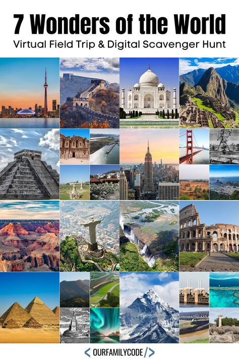 Explore the seven wonders of the world and complete a latitude and longitude challenge with a Google Earth scavenger hunt! Tours, Travel, Wonders Of The World, Travel Dreams, World Geography, Scavenger Hunt For Kids, Vacation, Trip, Voyage