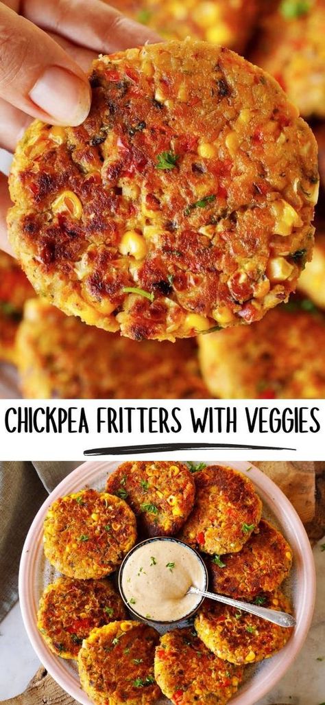 Chickpea Fritters, High Protein Vegetarian Recipes, Plant Based Diet Recipes, Tasty Vegetarian Recipes, Vegan Dinner Recipes, High Protein Recipes, Veggie Dishes, Vegetarische Rezepte, Vegan Recipes Healthy