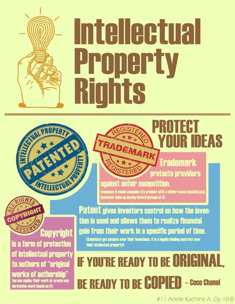 Intellectual Property Rights by Arielle Dy ICT Flyer for Awareness Masters, Ideas, Intellectual Property Law, Intellectual Property, Copyright Laws, Contract Law, Property Rights, Business Law, Legal Business