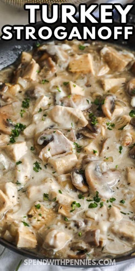 Turkey stroganoff is a creamy pasta dish made with ground or leftover meat in a savory mushroom garlic cream sauce. Usually served over egg noodles, this old-fashioned favorite is easy to make and great for weeknights. #spendwithpennies #turkeystroganoff #ground #recipe #healthy #easy #leftovers #instantpot #crockpot #mushroom Pasta, Casserole, Ground Turkey Soup, Ground Turkey Stroganoff, Turkey And Noodles Recipe, Ground Turkey Recipes, Turkey Stroganoff, Turkey Casserole, Leftover Turkey Recipes