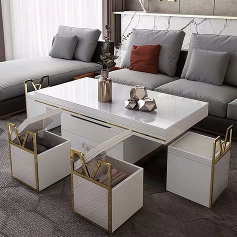 White Modern Lift Top Coffee Table Set with Storage & Stools Extendable Accent Table Home Furniture, Coffee Table Sets With Storage, Coffee Table With Stools, Coffee Table With Seating, Coffee Table With Storage, Lift Top Coffee Table, Coffee Table Styling, Storage Stool, Coffee And End Tables
