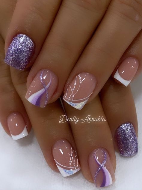 short, glittery purple nails with swirls and French tips Nail Designs, Nail Art Designs, Kuku, Fancy Nails, Pretty Nails, Fancy Nails Designs, Nails Inspiration, Cute Acrylic Nails, Pretty Nail Art Designs