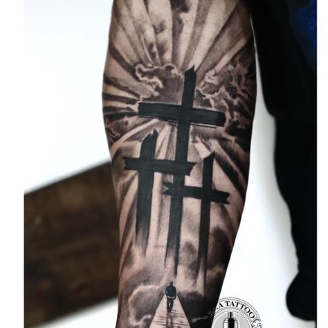 Cross Tattoos hero tattoo Holy Trinity 7 Tattoo Designs, Arm Tattoos, Religious Tattoos For Men, Mens Religous Tattoo Ideas, Jesus Forearm Tattoo, Jesus Tattoo Sleeve, Christian Cross Tattoos, Cross Tattoo For Men, Jesus On Cross Tattoo