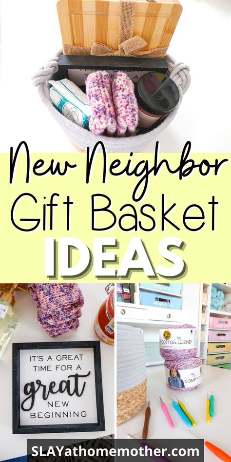 Make your own DIY Welcome Neighbor Basket with goodies - ideas to help you welcome your new neighbors to the area! #slayathomemother #giftbasket #giftbasketideas Gifts, Gift Baskets, New Neighbor Gifts, Neighbor Gifts, Diy Gift Baskets, Welcome Gift Basket, Welcome New Neighbors, Housewarming Gift Baskets, Dit Gifts