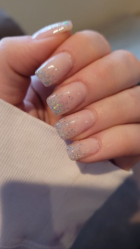 Gradient Nails, French Tip With Glitter, Glitter Ombre Nails, Glitter French Tips, Glitter Tip Nails, Silver Glitter Nails, Glitter French Nails, Glitter Ombre, Glittery Acrylic Nails