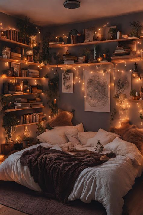 Vintage boho bedroom with books on wall and fairy lights, creating a cosy book nook Home Décor, Cozy Room Decor, Cosy Bedroom Decor, Library Bedroom Aesthetic, Cottage Core Bedroom Decor, Cozy Reading Room, Bedroom Aesthetic Vintage, Room Inspiration Bedroom, Room Ideas