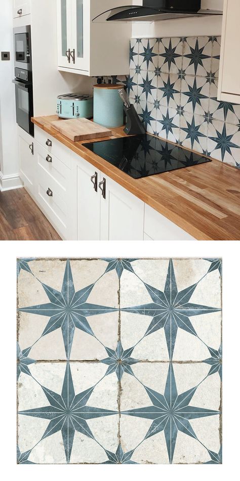Home Décor, Design, Patterned Kitchen Tiles, Patterned Tile Backsplash, Kitchen Tile Inspiration, Kitchen Splashback Tiles, Kitchen Tiles Design, Splashback Tiles, Blue Kitchen Tiles