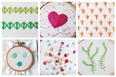 We've found 20 great embroidery stitch tutorials to get you started learning to embroider, including the basic stitches that every beginner to embroidery should learn. All you need to get started is a hoop, some material, needles, embroidery floss and a pair of scissors. Machine Embroidery Designs, Embroidery Patterns, Patchwork, Embroidery Stitches, Embroidery Designs, Embroidery Stitches Tutorial, Embroidery Techniques, Hand Embroidery Stitches, Embroidery Projects