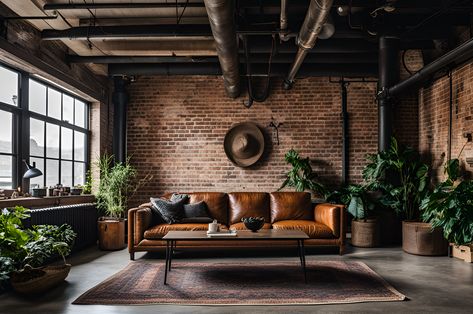Bask in the inviting warmth of this loft-style living room, where vintage charm meets urban sophistication. The rustic exposed brick walls, paired with lush indoor plants, create a striking contrast, while the large windows invite the outdoors in. An antique wooden trunk and a brown leather sofa add a timeless appeal to the industrial aesthetic. It's indeed a place where comfort, style, and uniqueness converge. #LoftLiving #UrbanStyle #VintageVibes #IndustrialDecor #IndoorGreen #InteriorDesign… Industrial, Living Room Leather, Industrial Style Living Room, Industrial Decor Living Room, Industrial Livingroom, Industrial Sofa, Brick Wall Living Room Decor, Chesterfield Living Room, Loft Style