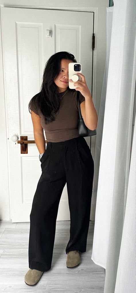 Birkenstock outfit | birkenstock bostons | birkenstock boston outfit | casual outfit | trouser outfit | black trousers | skims | skims vintage Fashion, Outfits, Casual, Trendy Outfits, Outfit, Style, Cute Outfits, Styl, Outfit Inspo