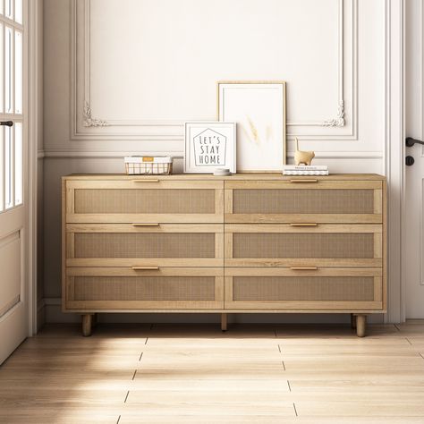 [Modern natural rattan] The rattan dress adopts simple wood color and natural rattan drawer design, providing you with a simple and spacious sorting and storage solution. Bedroom Furniture Dresser, 6 Drawer Dresser, Dresser Drawers, Cabinet Bed, Wooden Dresser, Bedroom Furniture, Bedroom Furniture Stores, Rattan Bedroom, Cabinet Furniture