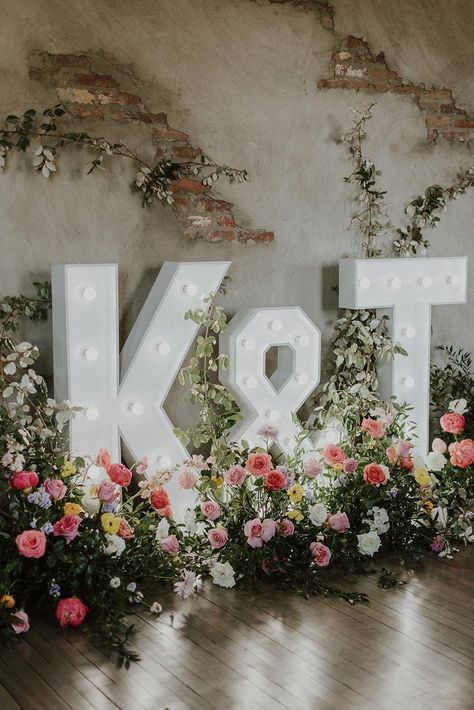 flowers, marquee lights, bride and groom initials, wedding florals, wedding decor, wedding decorations, pink flowers, white flowers, yellow flowers, green flowers, purple flowers, wedding ideas Floral, Wedding, Decoration, Floral Wedding, Dream Wedding, Boda, Bodas, Mariage, Wedding Mood