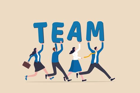 Team working together to win business success, teamwork, cooperation or collaboration, coworker partnership or office colleagues concept, business team people walking together holding the word TEAM. Design, Inspiration, Motivation, People, Diy, Posters, Coworker, Team Coaching, Office Team