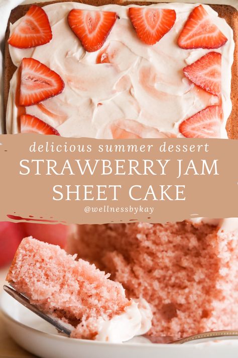 Strawberry Jam Sheet Cake is a light, fluffy, and delicious homemade cake recipe! Complete with a rich strawberry cream cheese frosting and fresh strawberries on top … this easy tender cake is sure to satisfy any sweet tooth craving. Full of sweet strawberry flavor in every bite, this simple recipe is perfect for summer entertaining! Desserts, Pie, Fan, Strawberry Cake Recipe From Scratch No Jello, Strawberry Jam Cake Recipe, Homemade Strawberry Cake, Strawberry Jam Cake, Strawberry Cake From Scratch, Strawberry Sheet Cakes