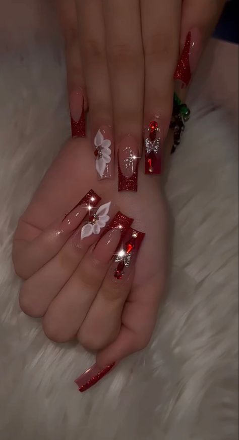 Quince Dresses, Quince Nails, Quinceanera Nails, Fancy Nails, Burgundy Acrylic Nails, Red Nails, Fancy Nails Designs, Sweet 16, Pink Acrylic Nails