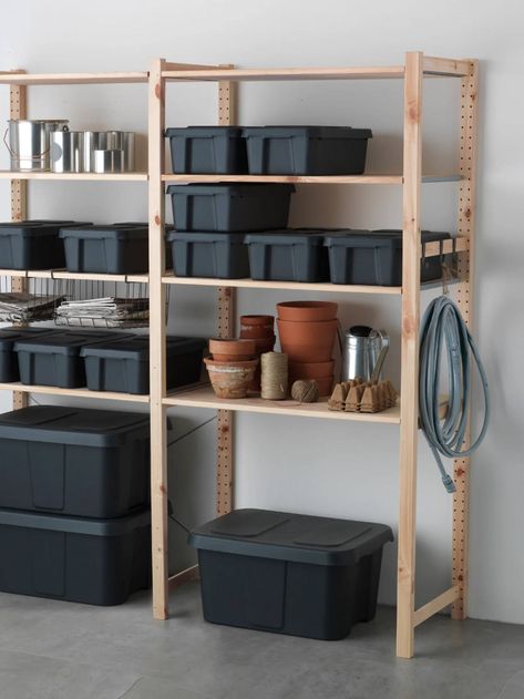Ikea’s Klämtare Box with Lid in dark gray is $12.99 for the large size and $5.99 for the short and small box. Home Organisation, Ikea, Home Décor, Storage Ideas, Garage Storage Bins, Basement Storage, Storage, Ikea Storage, Home Organization