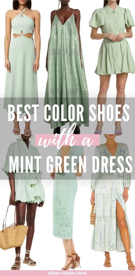 Looking to wear a mint green or sage green dress but unsure how to wear it? Check out what color shoes to wear with a mint green dress outfit and all the mint green outfit ideas on shoe-tease.com! Learn the right shoes to wear with mint green dresses, sage green dresses, seafoam, moss and pastel green outfits, all in one post. @shoetease #shoetease #mintgreen #mintgreendress #mintoutfits Antalya, Outfits, Mint Green Shoes, Green Dress Shoe, Mint Green Dress, Mint Colored Dresses, Light Green Dress, Mint Green Outfits, Green Shoes Outfit