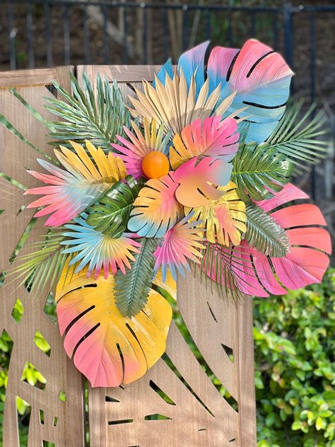 I spray painted some of the palms to match my party decor and inserted the stems into floral foam I had on hand (from the Dollar Tree!) To hang it on the screen, I used clear jewelry line. Such a beautiful statement piece! #diycraftideas #tropical #summerparty Tropical Flowers, Floral, Tropical Decor Party, Tropical Decor, Tropical Party Decorations, Tropical Party, Tropical Theme, Tropical Pool, Tropical Glam