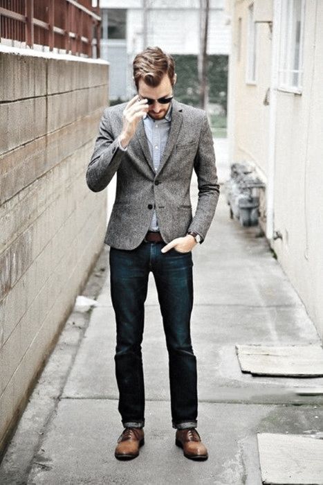 Gentleman With Sharp Business Casual Outfits Style Grey Blazer With Blue Jeans Menswear, Men's Fashion, Business Casual Attire, Men Casual, Jeans, Casual Shirts For Men, Business Casual Men, Mens Outfits, Mens Fashion