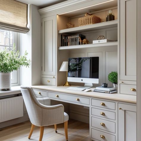Cabinets In Home Office, White Home Offices, Andrew Howard Interior Design, Small Office With Window, Man's Office Ideas, Bespoke Interior Design, Small Home Office With Window, Office Sunroom Combo, Built In Craft Room