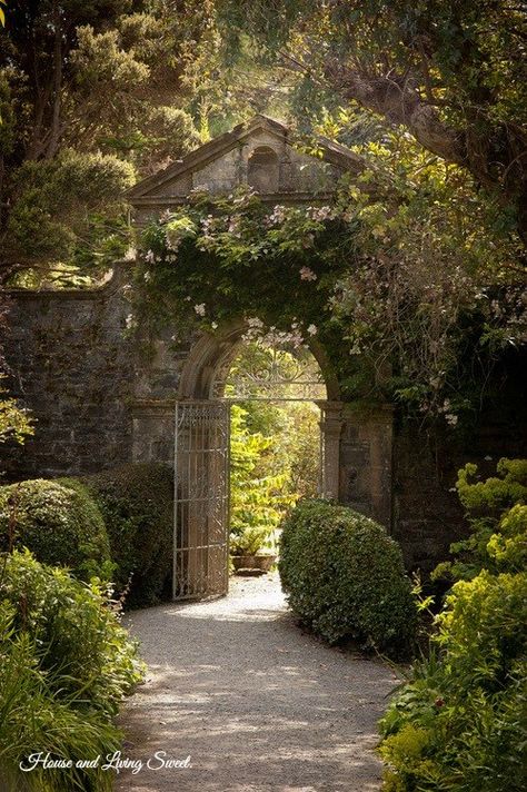 This beautiful Formal Garden is enclose by an old handsome,tall brick wall.It has a an arched opening for the Gate with a stately Pediment atop it, Garden Paths, Garden Design, Outdoor, Pergola, Garden Gates, Garden Inspiration, Garden, Garden Landscaping, Outdoor Gardens