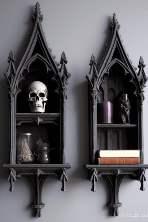These statement pieces can showcase your favorite books, trinkets, and knick-knacks, making them the perfect way to add a touch of whimsy and intrigue. #Whimsigoth #HomeDecor #InteriorDesign Home Décor, Gothic Shelves, Gothic Shelf, Gothic Bookshelves, Vintage Gothic Home Decor, Goth Home Decor Diy, Goth Home Decor, Gothic Home Decor Ideas, Gothic Home Decor