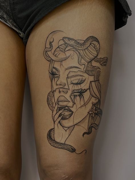 Tattoo Designs, Tattoo, Leg Tattoos, Tattoos, Medusa Tattoo, Medusa Tattoo Design, Black Ink Tattoos, Hip Tattoo Designs, Calve Tattoo