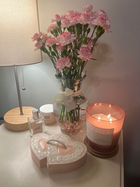 Room aesthetic, soft aesthetic, nightstand inspo, candles, flowers, jewelry box Dressing Table, Cute Nightstand Decor, Room Inspo, Room Aesthetic, Candles Aesthetic Bedroom, Nightstand Aesthetic, Aesthetic Nightstand, Aesthetic Bedroom, Room Ideas