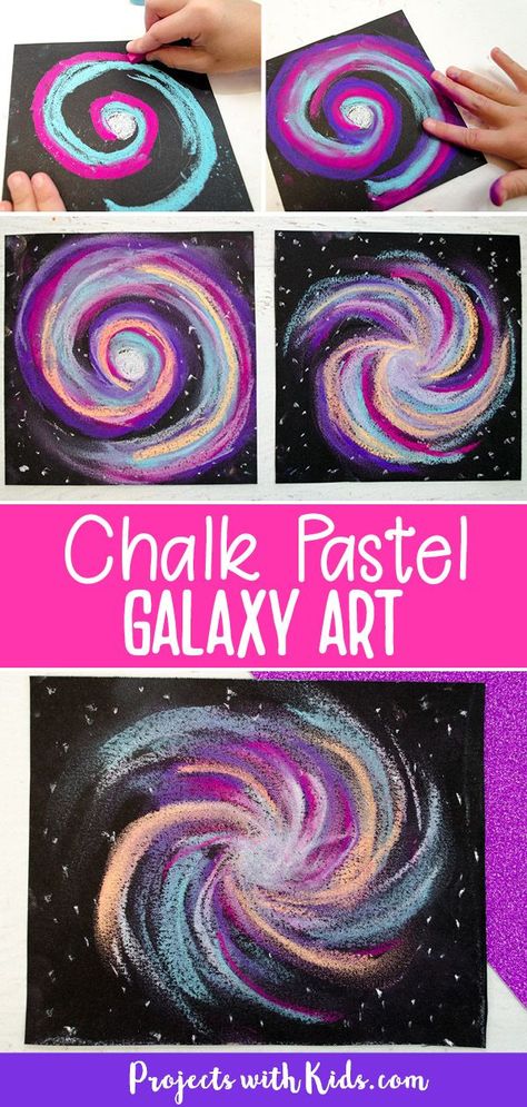 Galaxy art project using chalk pastels on black paper. Montessori, Art Projects, Pastel, Art Lessons, Pre K, Art, Chalk Pastel Art, Chalk Pastels, Art Activities