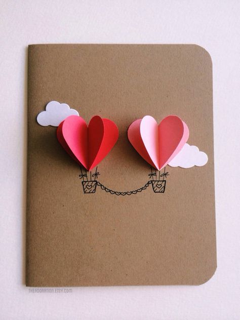 Couple Heart Hot Air Balloon Card - 25+ Easy DIY Valentine's Day Cards - NoBiggie.net Paper Crafts, Crafts, Paper Craft, Cardmaking, Diy, Artesanato, Paper Crafting, Card Making, Manualidades