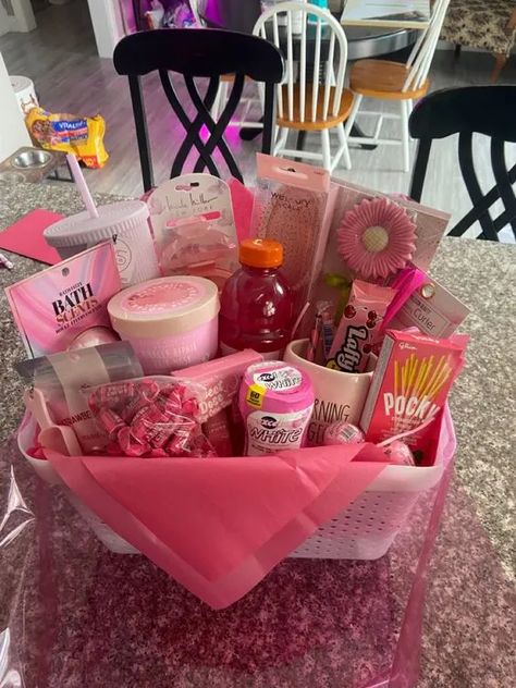 50+ Christmas Gift Basket Ideas for Friends and Family - HubPages Cute Friend Basket Gifts, Self Care Basket For Best Friend, Bsf Birthday Basket, Gift Basket Pink Theme, Baskets To Make Your Best Friend, Friend Basket Ideas Birthday, Bday Basket Ideas For Her, Pink Themed Basket, Color Party Pink Basket