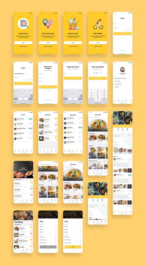 Food App UI Kit Bundle is a pack of 64 delicate food app UI screen templates and set of UI elements that will help you to design clear interfaces for food apps faster and easier. File includes all recent features such as Symbols or Components, Overrides, Resize Options, Text, and Layer Styles. Ux Design, Ui Ux Design, Web Design, Ux App Design, Restaurant App, Ux Design Mobile, Ui Ux, App Interface Design, Mobile App Design Inspiration