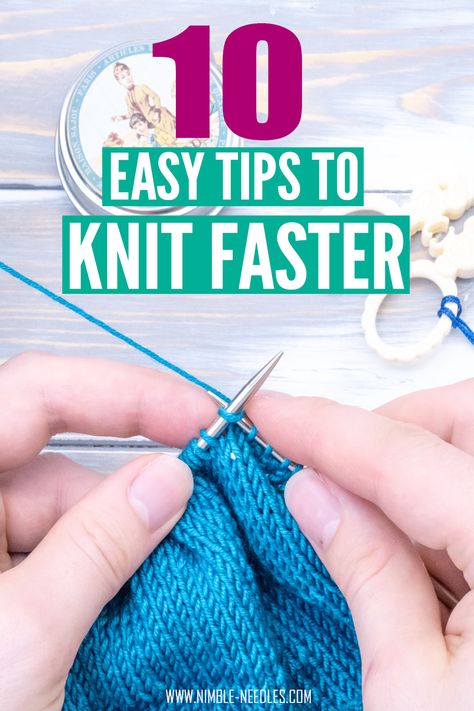 two hands knitting on a project in blue wool and slick metals neetls.es and various knitting tools and the headline "10 easy tips to knit faster" Crochet, Ravelry, Ideas, Diy, Amigurumi Patterns, Crafts, Knitting Help, Double Knitting Tutorial, Knitting Hacks