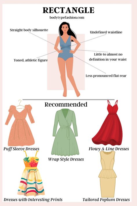 What Style Dresses are best for the Rectangle Body Shape Outfits, Wardrobes, Types Of Dresses, Dress For Body Shape, Body Shape Chart, Rectangle Body Shape Fashion, Dress Shapes, Rectangle Body Shape Outfits, Dress Body Type