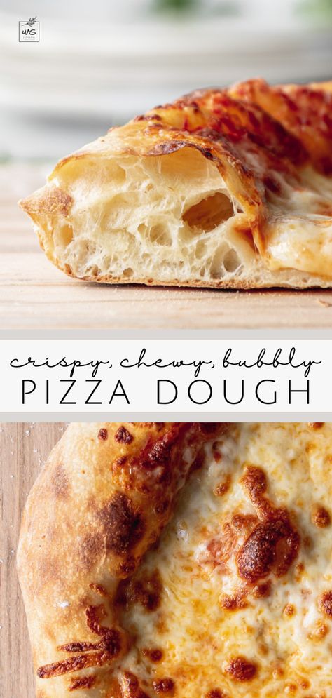 This homemade artisan pizza dough recipe will give you a billowy soft, and chewy crust blistered bubbles and a crispy bottom. It uses high hydration and a long fermentation time for maximum flavor. Head to my blog to get the full recipe! #artisianpizza #artisiandough #pizzacrust Snacks, Muffin, Pizzas, Biscuits, Pasta, Desserts, Dessert, Crusty Pizza Dough, Homemade Pizza Dough