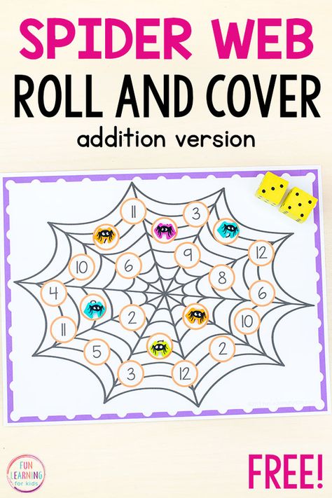 A spider web roll and cover addition math game. A fun way for students to learn addition during spider math centers. Fractions, Maths Centres, Pre K, Halloween, Spider Math Activities, Spider Math, Halloween Math Centers, Math Games, Math Games For Kids