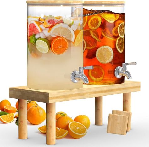 Amazon.com | Glass Drink Dispensers for Parties with Stand | Sangria, Punch, Beverage, Laundey, Juice Dispensers for Parties | Pack of 2 | 1 Gallon Each | Bamboo Stand and 2 Coasters Included: Iced Beverage Dispensers Parties, Brunch, Ideas, Punch, Drink Dispenser Stand, Drink Dispenser, Beverage Dispensers, Drink Station, Juice Dispenser