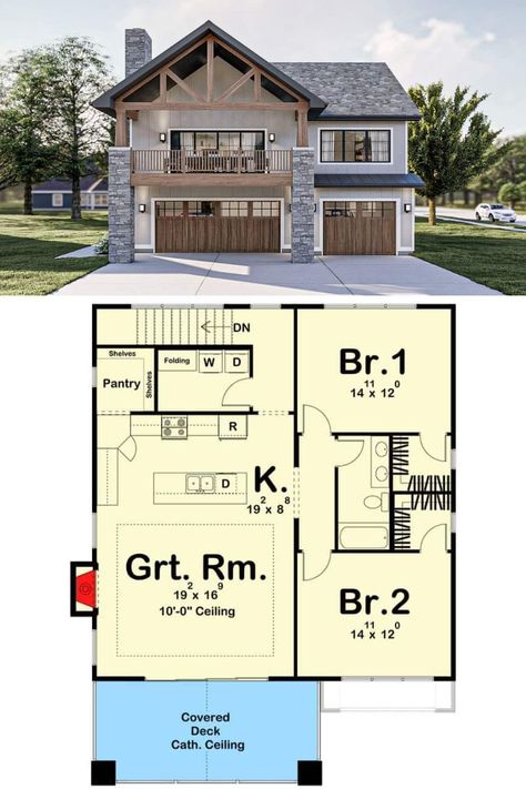 This 2-bedroom carriage home boasts an attractive facade with board and batten siding, stone accents, and rustic timbers framing the covered deck. It features spacious parking on the ground level for three vehicles. House Floor Plans, Garages, House Plans, Carriage House Plans, Garage House Plans, Garage Guest House, Drive Under Garage House Plans, Garage Apartment Floor Plans, Above Garage Apartment