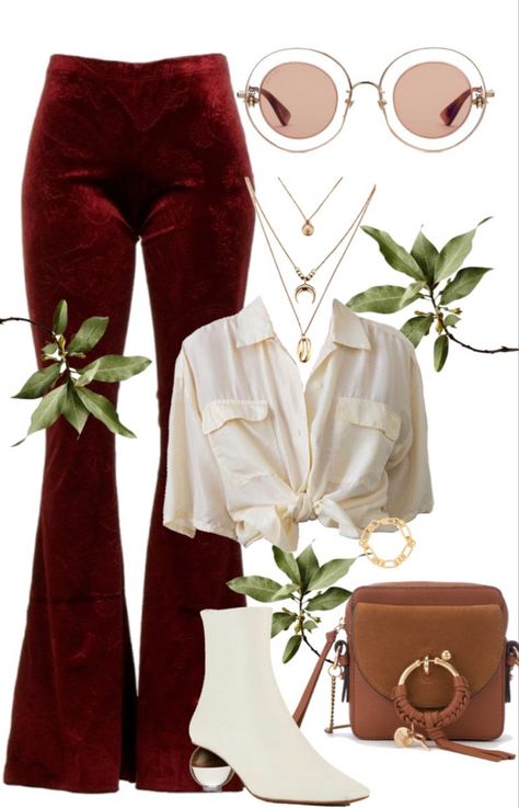 Outfit example with maroon bell bottom pants and a button down tan shirt tied at the waist. Gold jewelry and a brown crossbody bag. White ankle boots with sphere heels. Circle sunglasses. Outfits, Casual, Mode Wanita, Trendy, Outfit, Giyim, Moda, Inspo, Cool Outfits