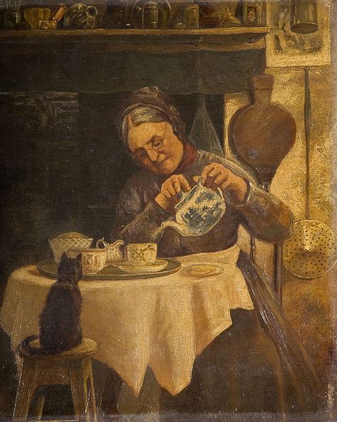 Old woman pouring tea, unknown artist, 19th century, OP582 by Black Country Museums, via Flickr Illustrators, History, Chat Noir, Artist, Old Women, Resim, Olds, Sanat, Kopi
