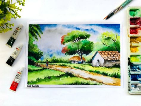 It's a very easy watercolour painting for beginners . You can see full tutorial of this in my Youtube channel :: Art Levels Bonito, Sketchbooks, Landscape Drawing Easy, Landscape Art Painting, Village Scene Drawing, Landscape Drawings, Easy Landscape Paintings, Nature Art Painting, Watercolor Landscape Paintings