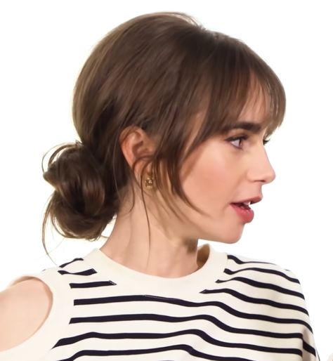 Lily Collins Updo Hairstyle Lily Collins, Long Hair Styles, Medium Hair Styles, Bangs With Medium Hair, Bangs Updo, Medium Length Hair Styles, Long Hair With Bangs, Hairstyles With Bangs, Curly Hair Styles